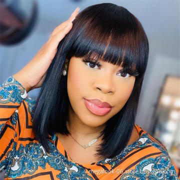No lace Wigs With Free Bangs For Women Brazilian Straight Hair Natural Black  Bob  Human Hair Wig